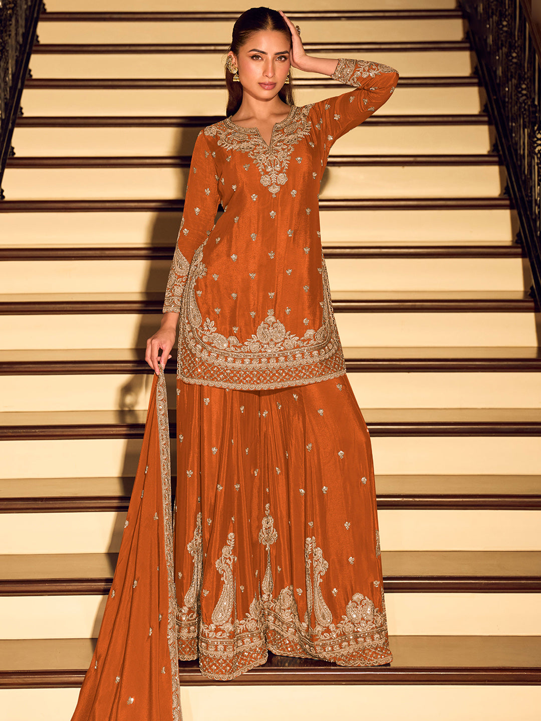 Orange Chinon Embroidered Kurta Sharara With Dupatta
