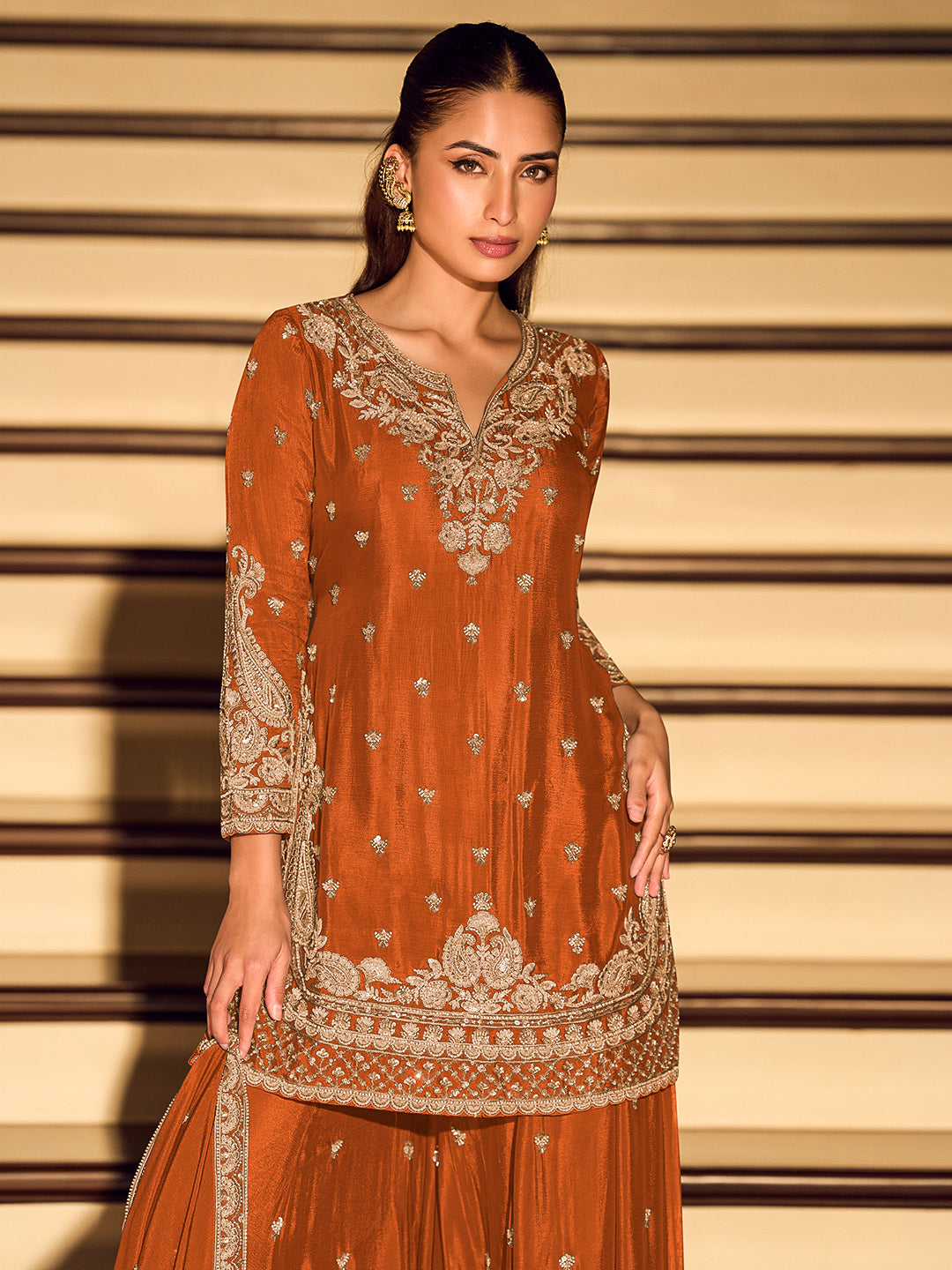 Orange Chinon Embroidered Kurta Sharara With Dupatta