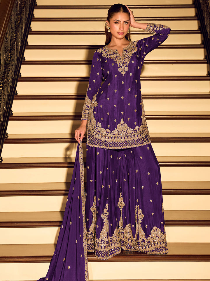 Purple Chinon Embroidered Kurta Sharara With Dupatta