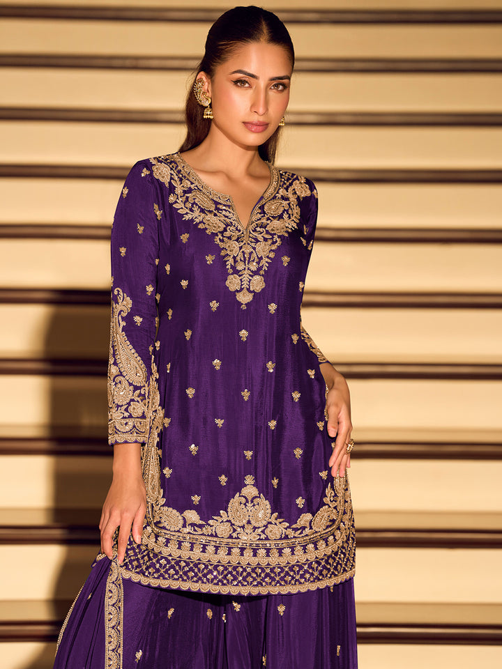 Purple Chinon Embroidered Kurta Sharara With Dupatta