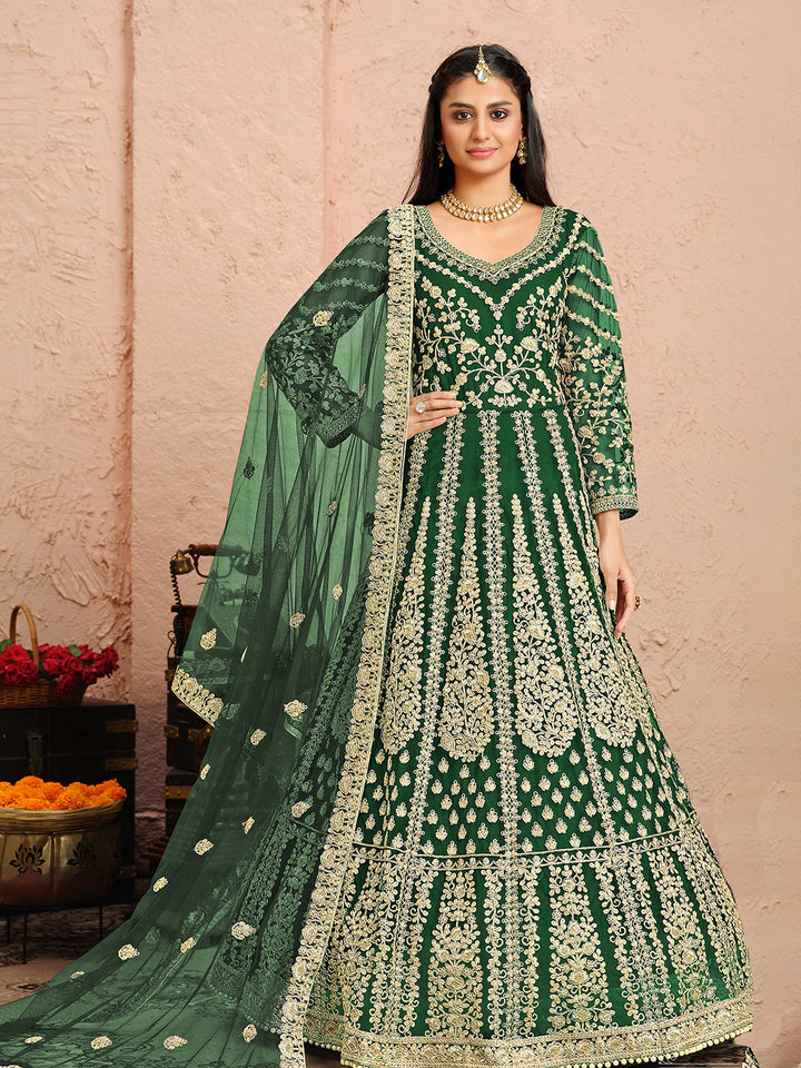 Green Embroidered Net Kurta Chudidar Dupatta