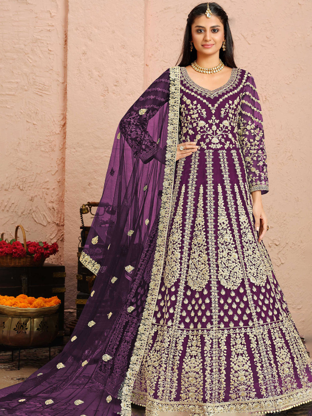 Purple Embroidered Net Kurta Chudidar Dupatta