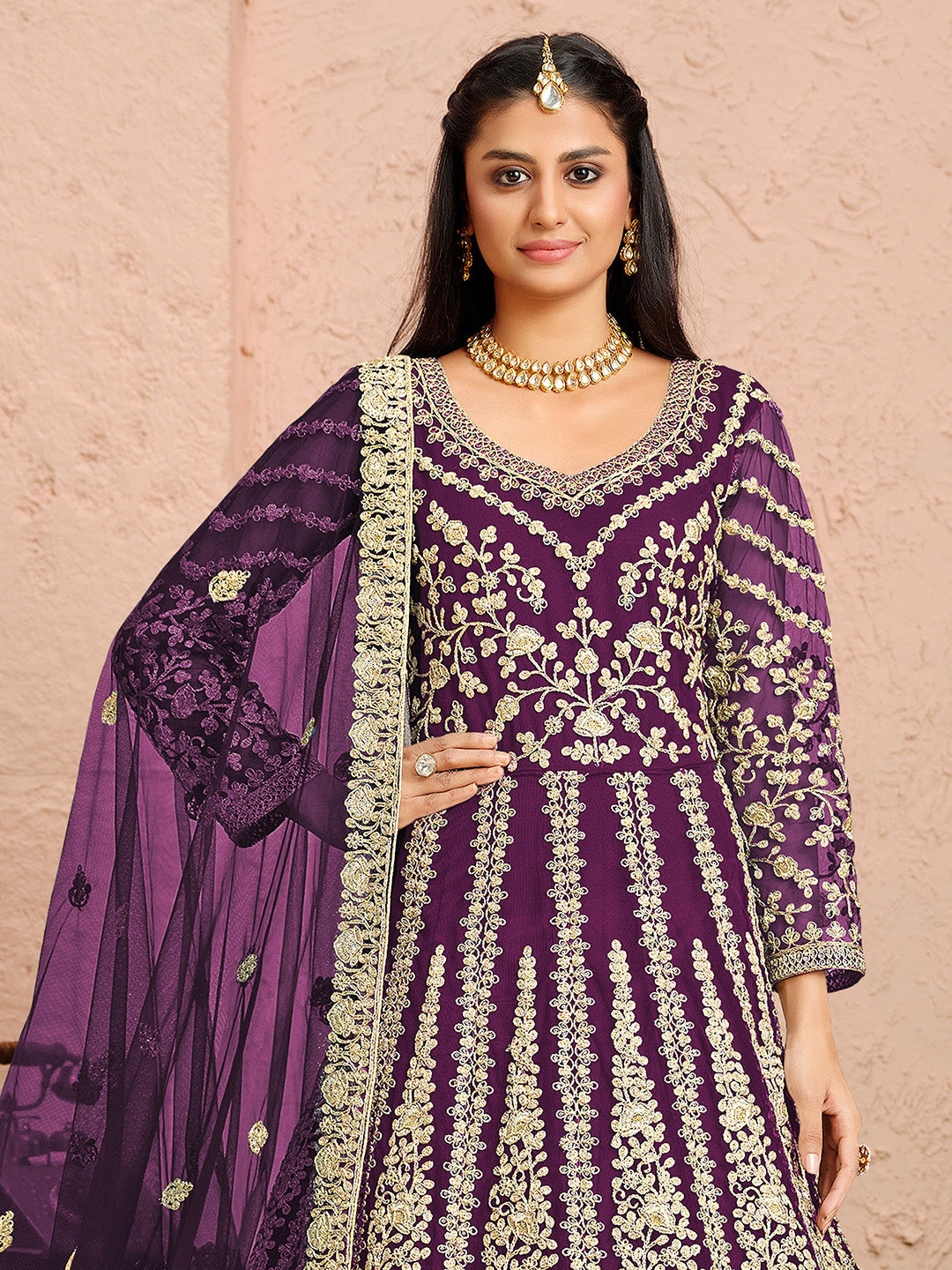 Purple Embroidered Net Kurta Chudidar Dupatta