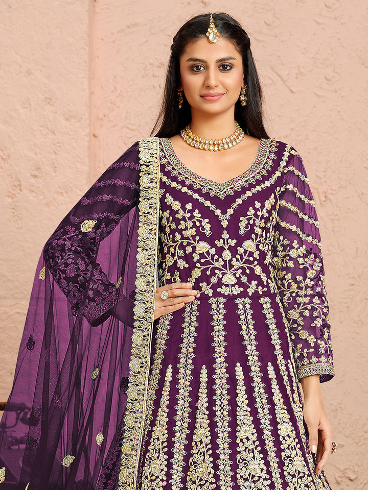 Purple Embroidered Net Kurta Chudidar Dupatta