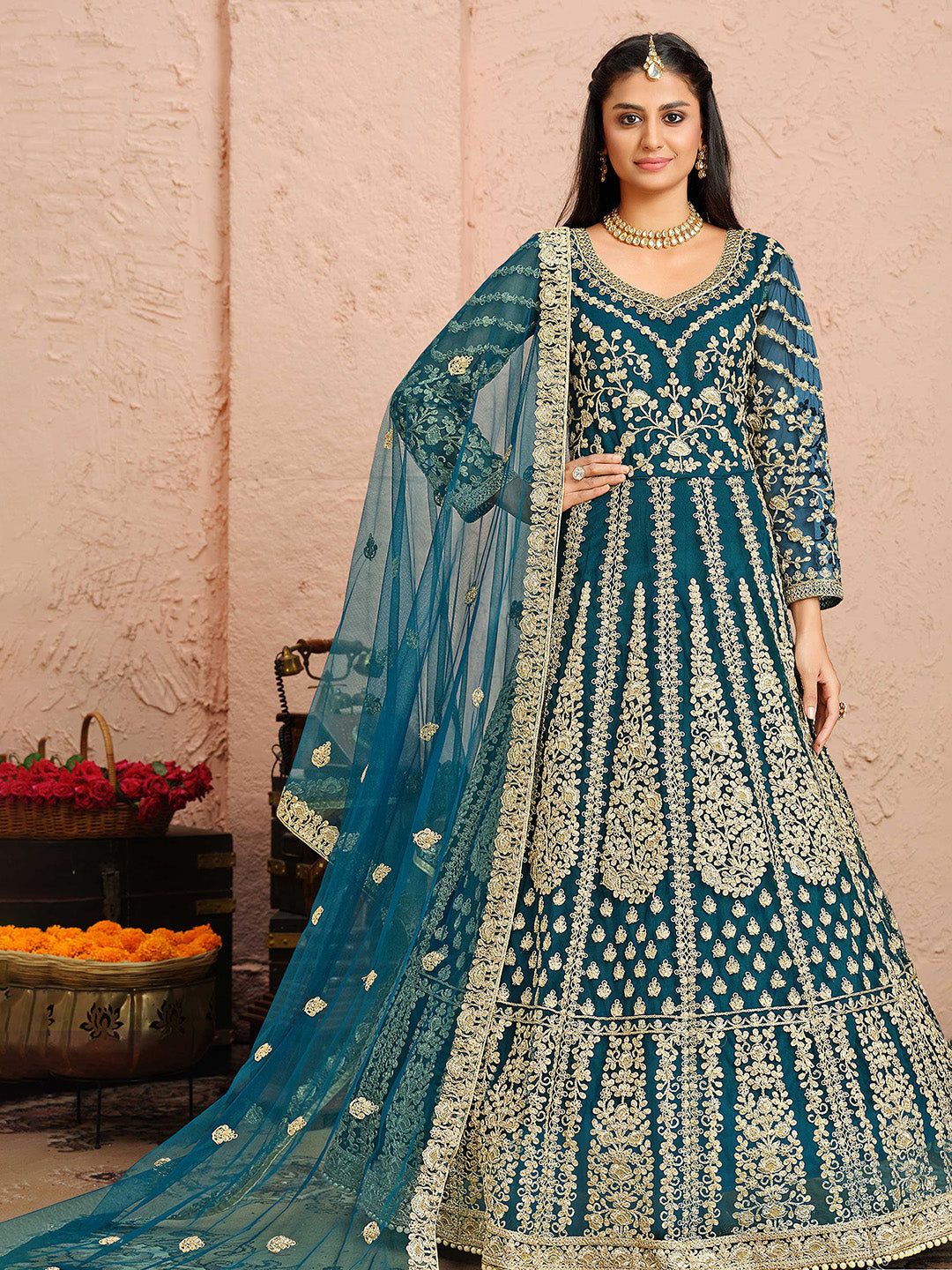 Teal Blue Embroidered Net Kurta Chudidar Dupatta