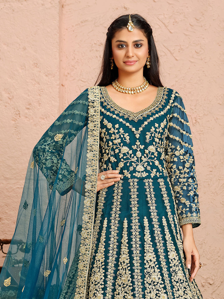 Teal Blue Embroidered Net Kurta Chudidar Dupatta
