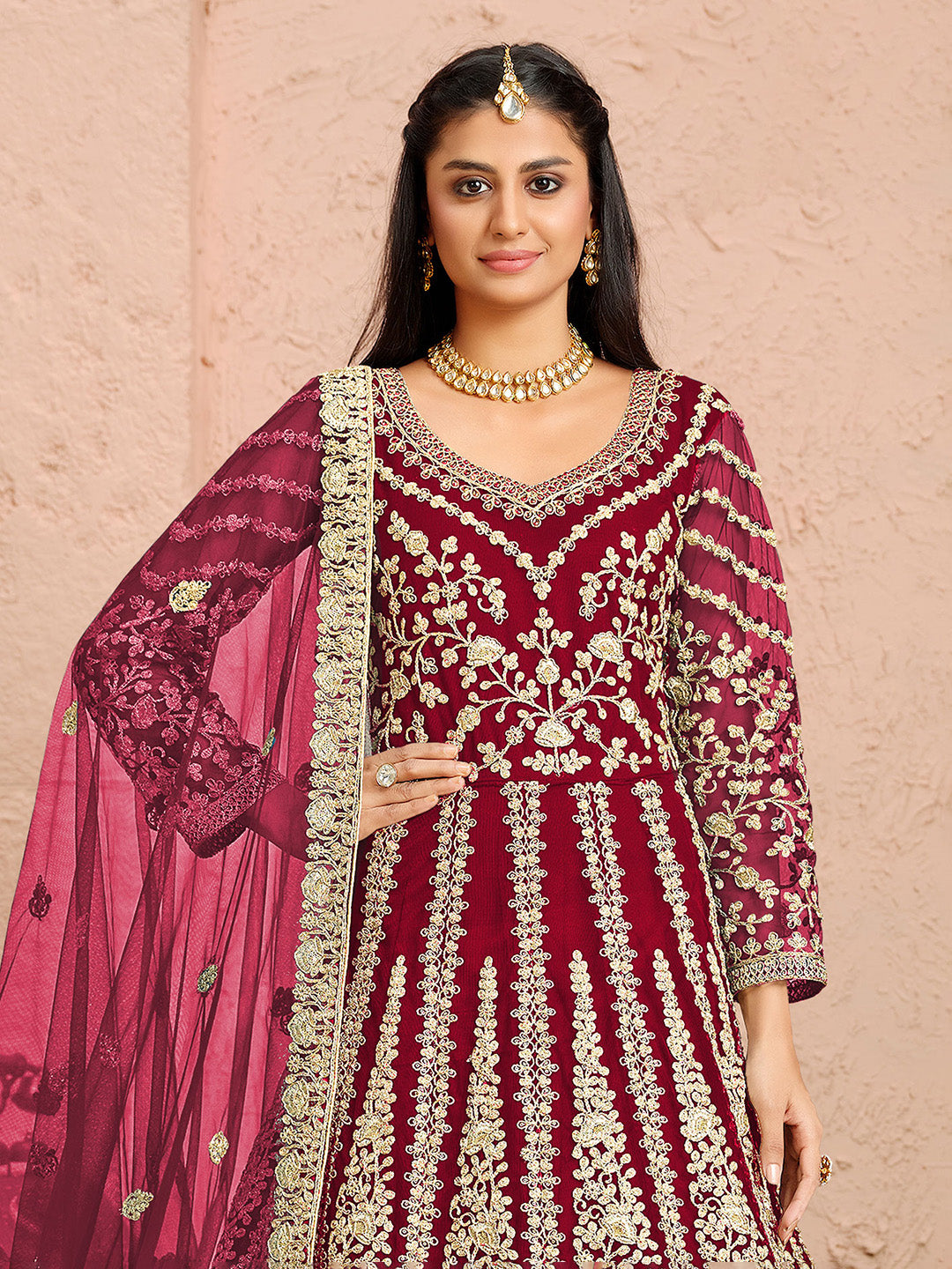 Rani Embroidered Net Kurta Chudidar Dupatta