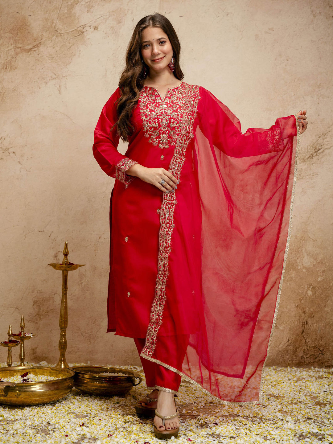 Red Embroidered Art Silk Kurta Pant with Dupatta