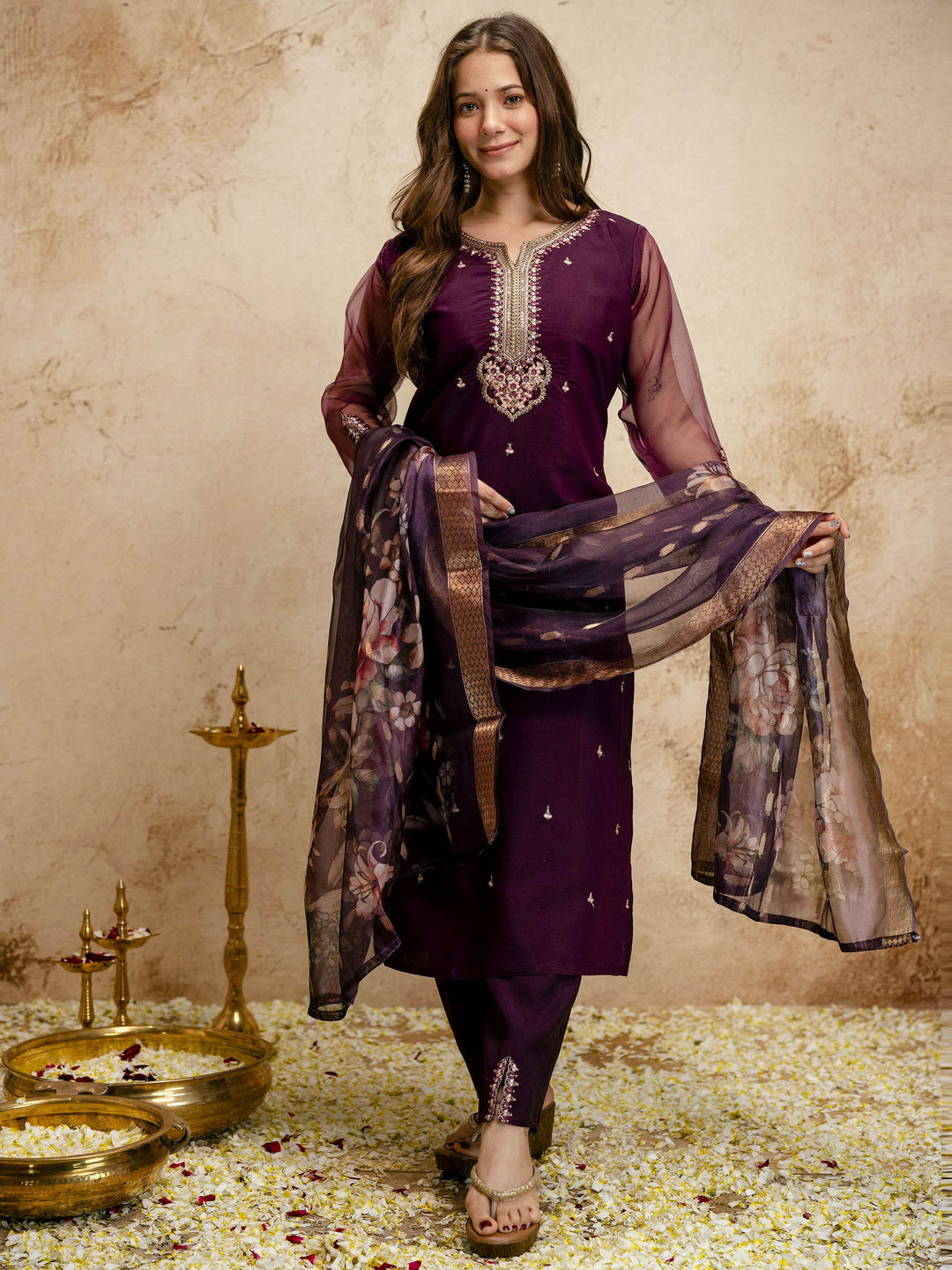 Purple Embroidered Art Silk Kurta Pant with Dupatta
