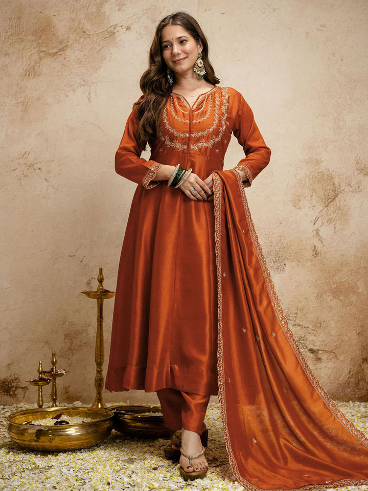 Orange Embroidered Art Silk Kurta Pant with Dupatta