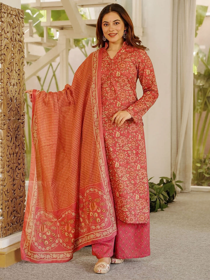 Peach Embroidered Cotton Blend Kurta Palazzo with Dupatta