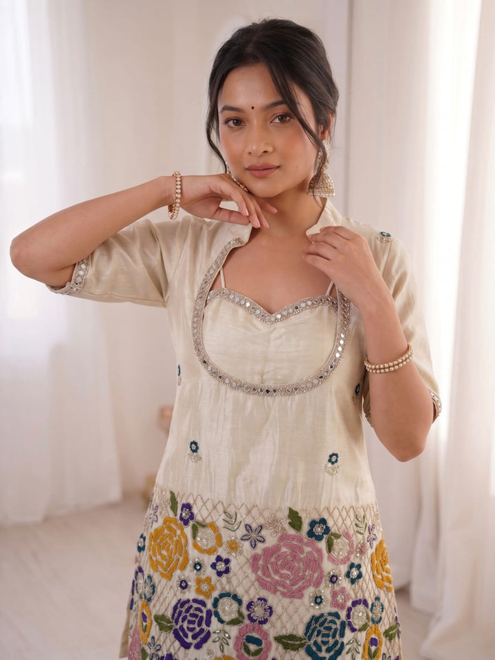 Beige Embroidered Tissue Kurta Palazzo with Dupatta