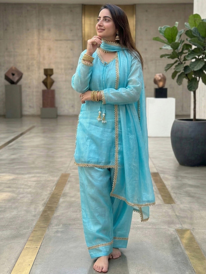 Sky Blue Embroidered Satin Kurta Salwar with Dupatta