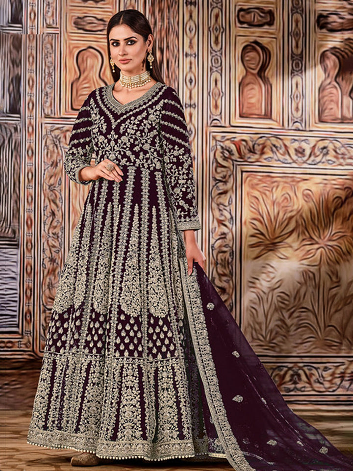 Wine Net Embroidered Semi Stitched Anarkali Chudidar &amp; Dupatta