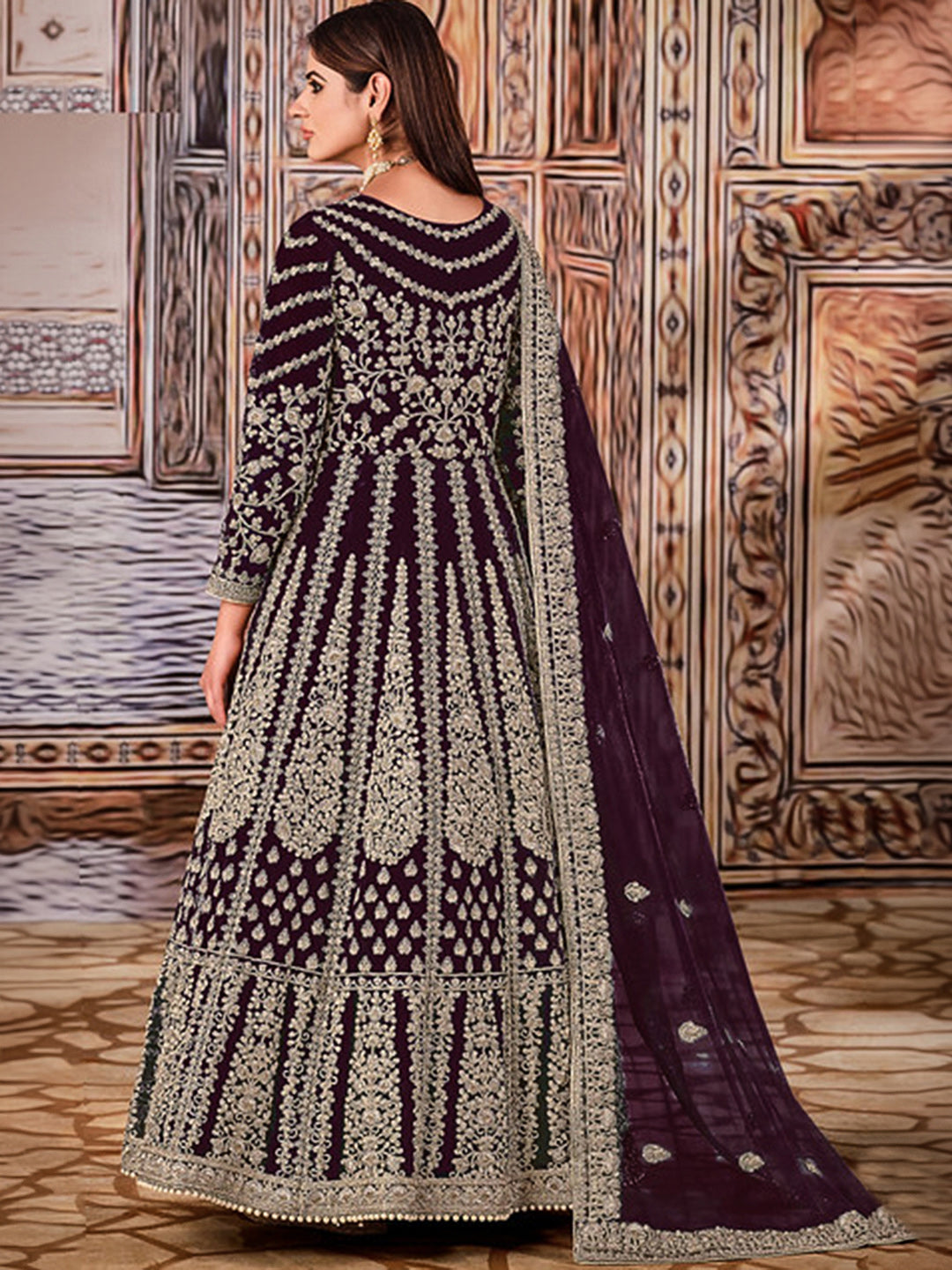 Wine Net Embroidered Semi Stitched Anarkali Chudidar &amp; Dupatta