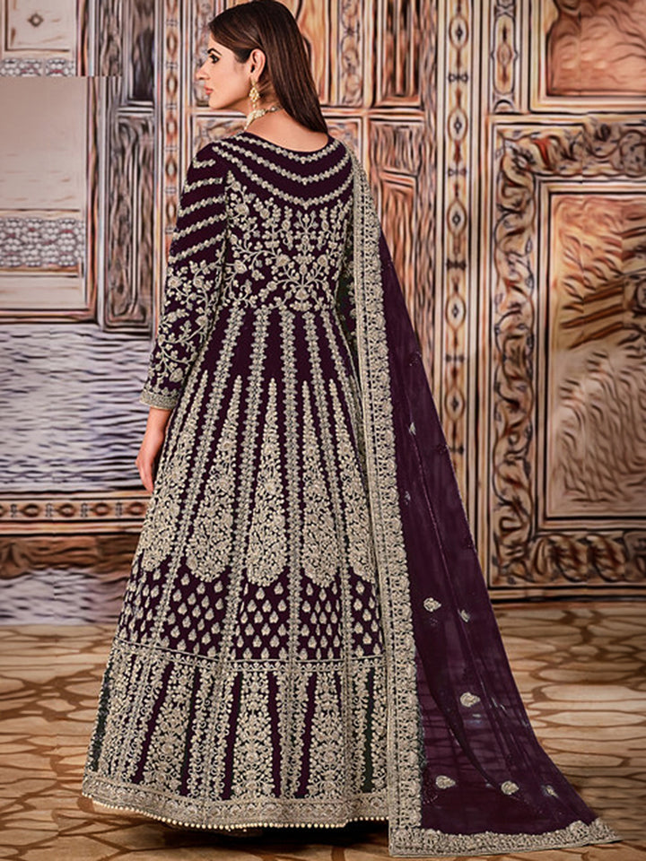 Wine Net Embroidered Semi Stitched Anarkali Chudidar &amp; Dupatta