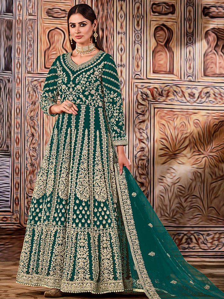 Teal Green Net Embroidered Semi Stitched Anarkali Chudidar &amp; Dupatta