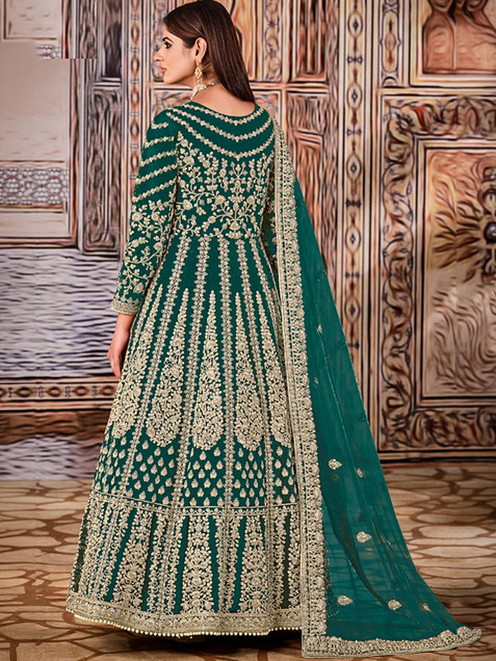 Teal Green Net Embroidered Semi Stitched Anarkali Chudidar &amp; Dupatta