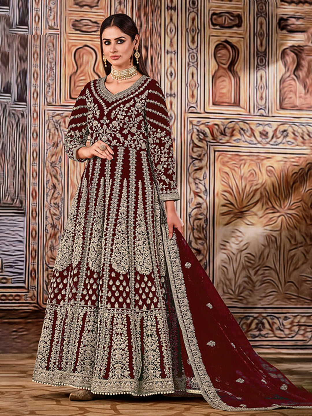 Maroon Net Embroidered Semi Stitched Anarkali Chudidar &amp; Dupatta