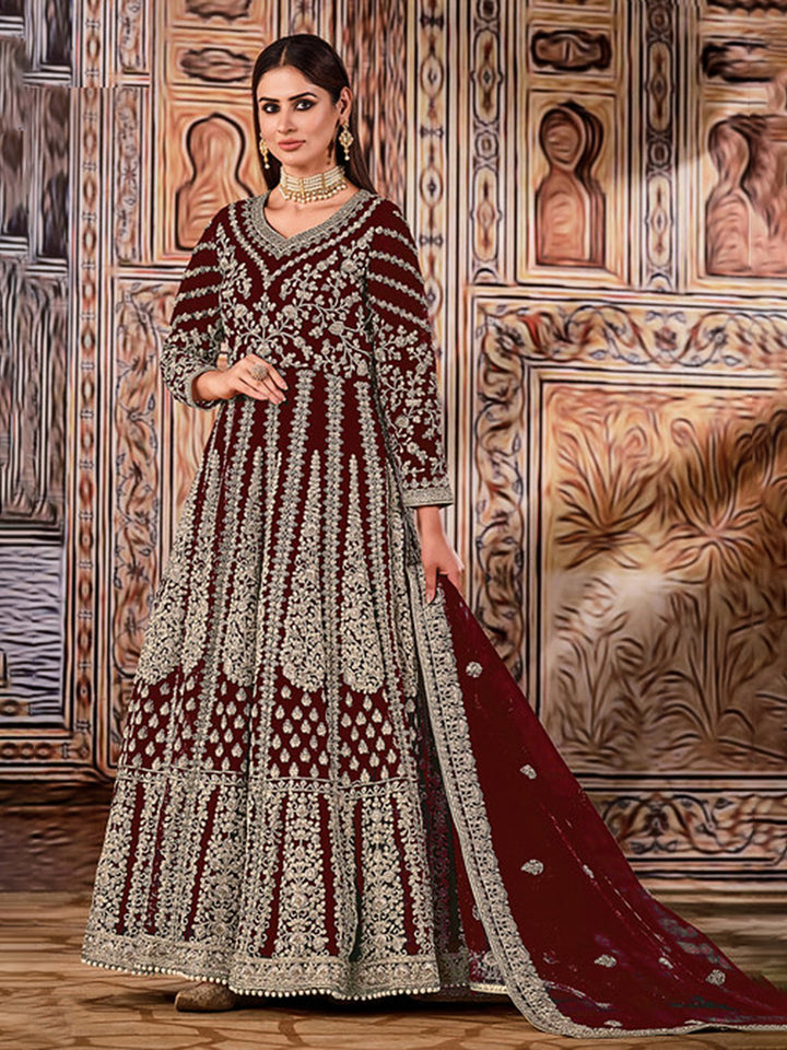 Maroon Net Embroidered Semi Stitched Anarkali Chudidar &amp; Dupatta