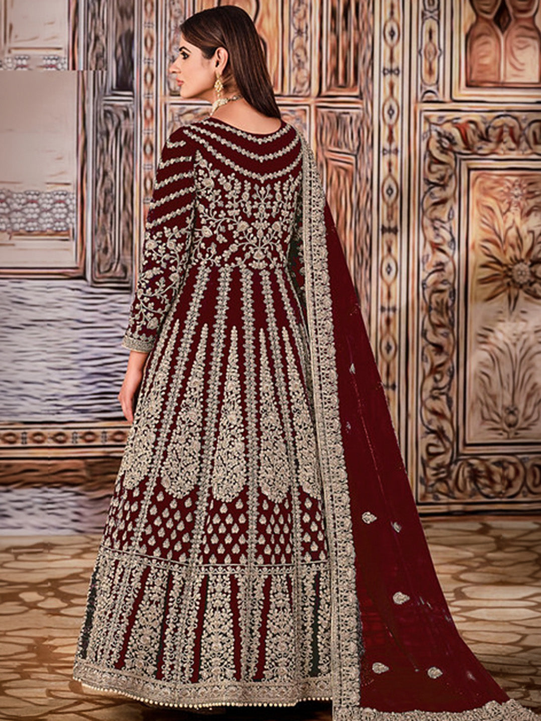 Maroon Net Embroidered Semi Stitched Anarkali Chudidar &amp; Dupatta