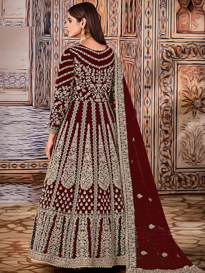 Maroon Net Embroidered Semi Stitched Anarkali Chudidar &amp; Dupatta