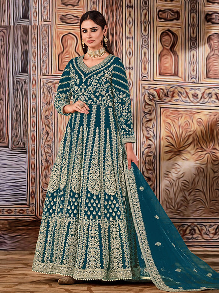 Blue Net Embroidered Semi Stitched Anarkali Chudidar &amp; Dupatta