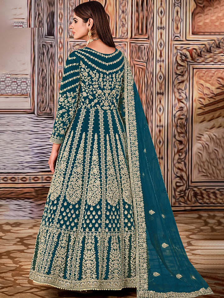 Blue Net Embroidered Semi Stitched Anarkali Chudidar &amp; Dupatta