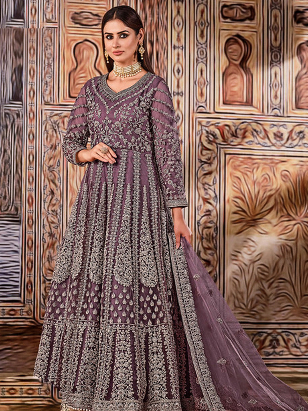 Purple Net Embroidered Semi Stitched Anarkali Chudidar &amp; Dupatta