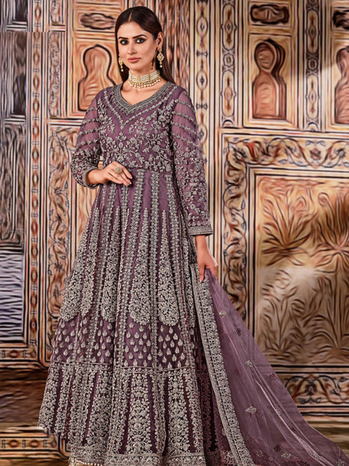 Purple Net Embroidered Semi Stitched Anarkali Chudidar &amp; Dupatta