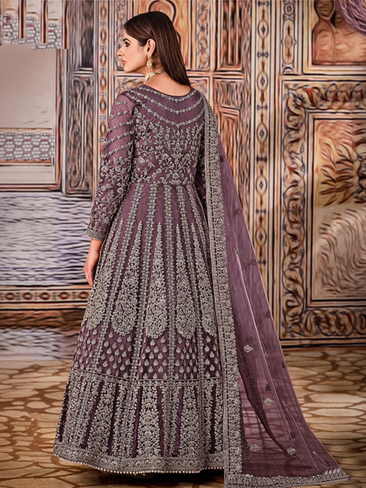 Purple Net Embroidered Semi Stitched Anarkali Chudidar &amp; Dupatta