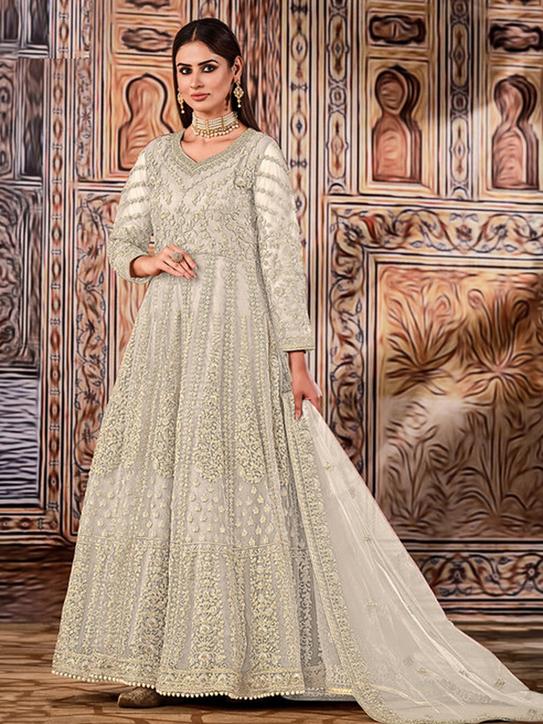 Cream Net Embroidered Semi Stitched Anarkali Chudidar &amp; Dupatta