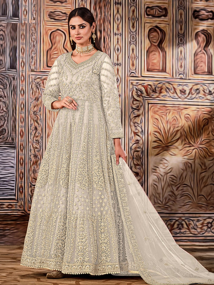 Cream Net Embroidered Semi Stitched Anarkali Chudidar &amp; Dupatta