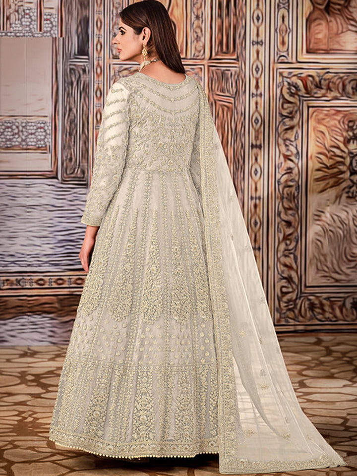 Cream Net Embroidered Semi Stitched Anarkali Chudidar &amp; Dupatta