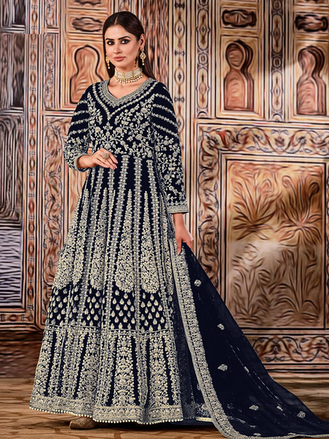 Blue Net Embroidered Semi Stitched Anarkali Chudidar &amp; Dupatta