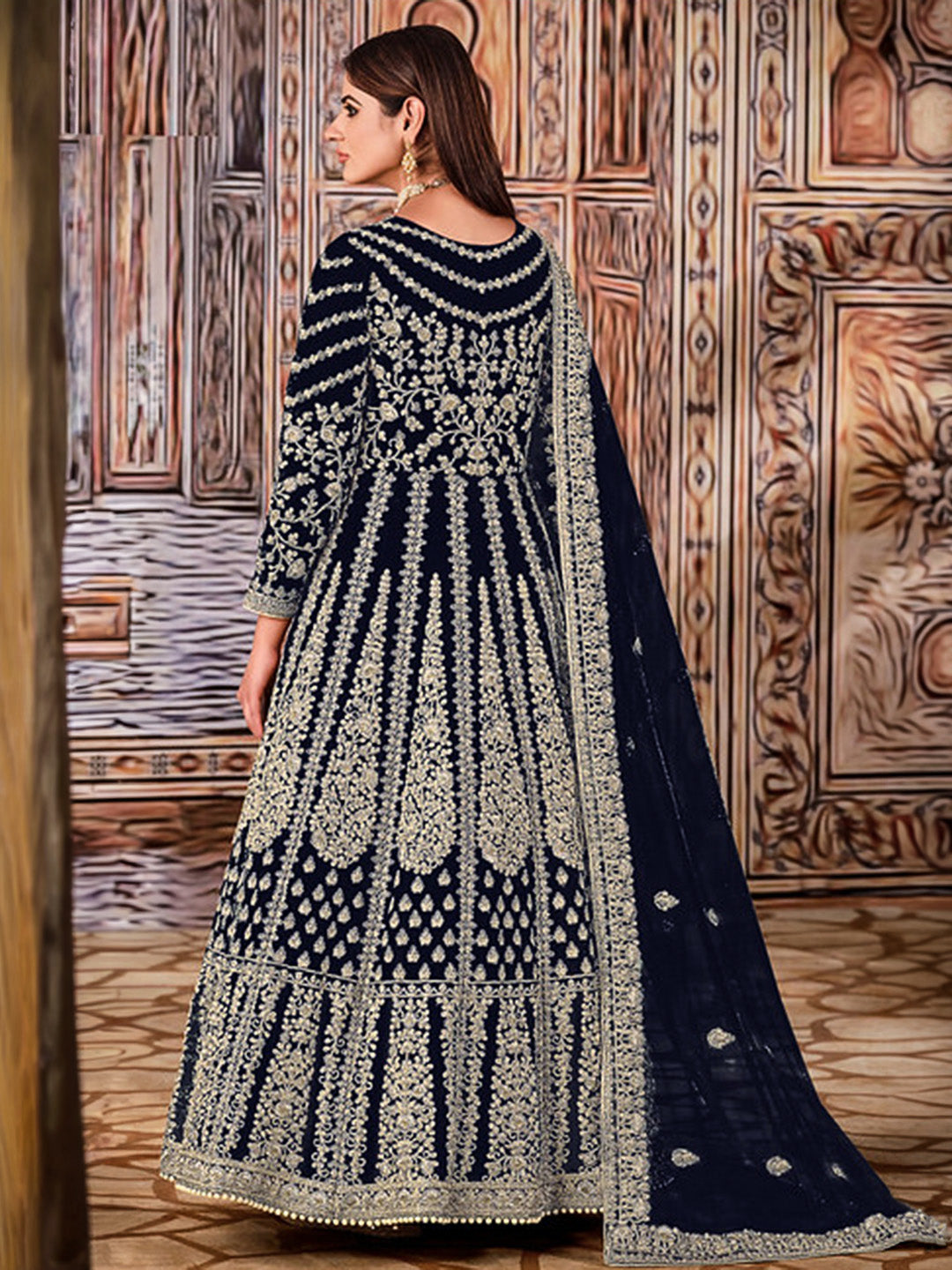 Blue Net Embroidered Semi Stitched Anarkali Chudidar &amp; Dupatta