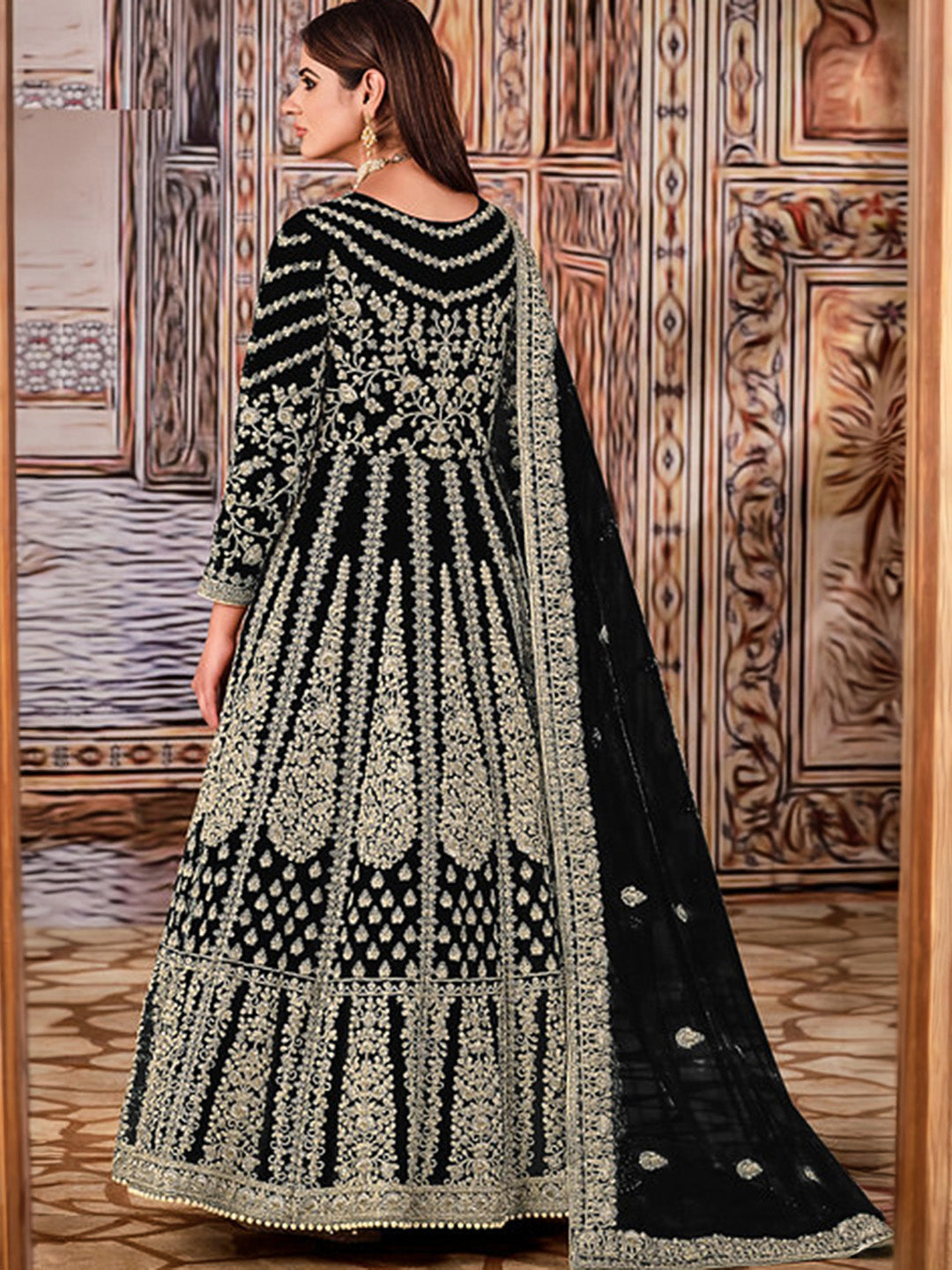 Black Net Embroidered Semi Stitched Anarkali Chudidar &amp; Dupatta