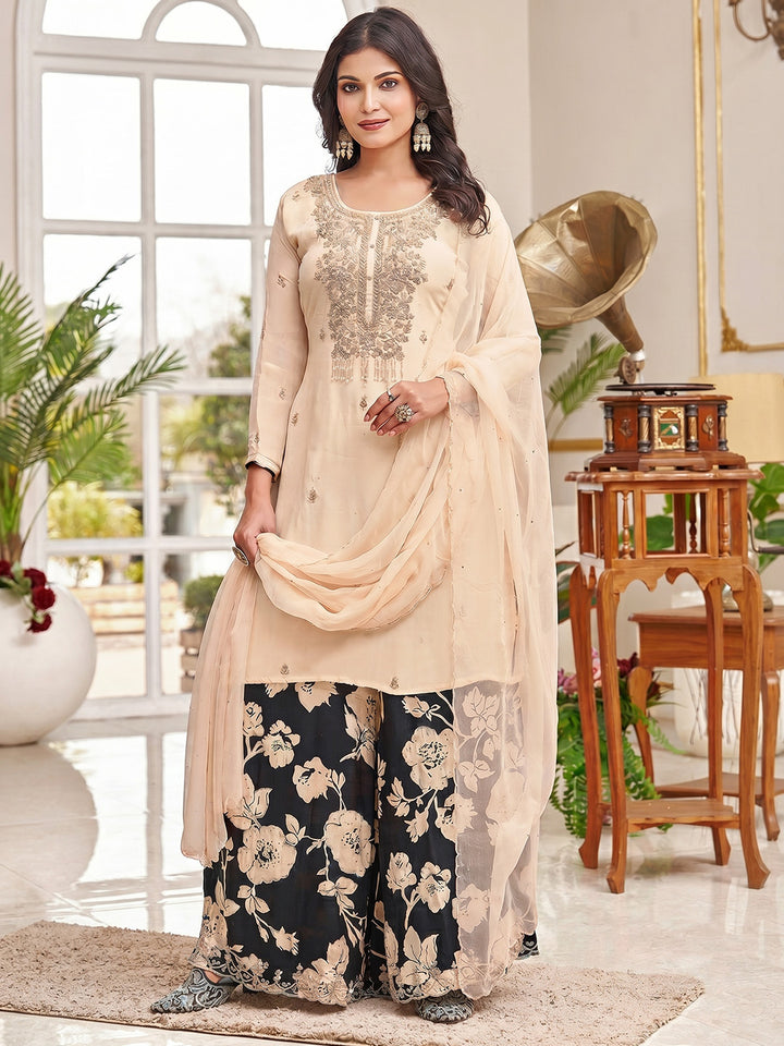 Cream Embroidered Creape Kurta Palazzo Dupatta