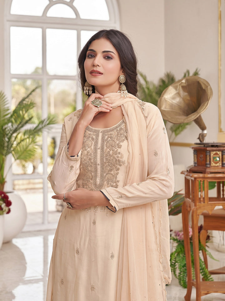 Cream Embroidered Creape Kurta Palazzo Dupatta