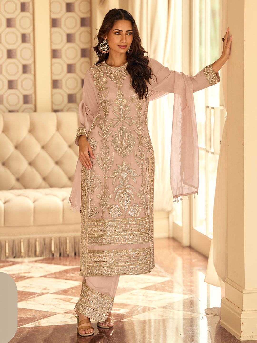 Pink Lt Georgette Embroidered Kurta Pant With Dupatta