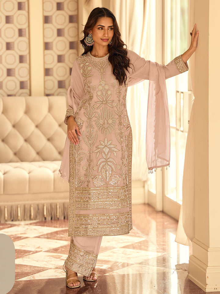 Pink Lt Georgette Embroidered Kurta Pant With Dupatta