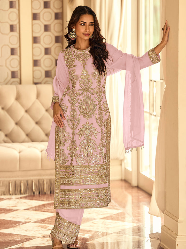 Lilac Georgette Embroidered Kurta Pant With Dupatta