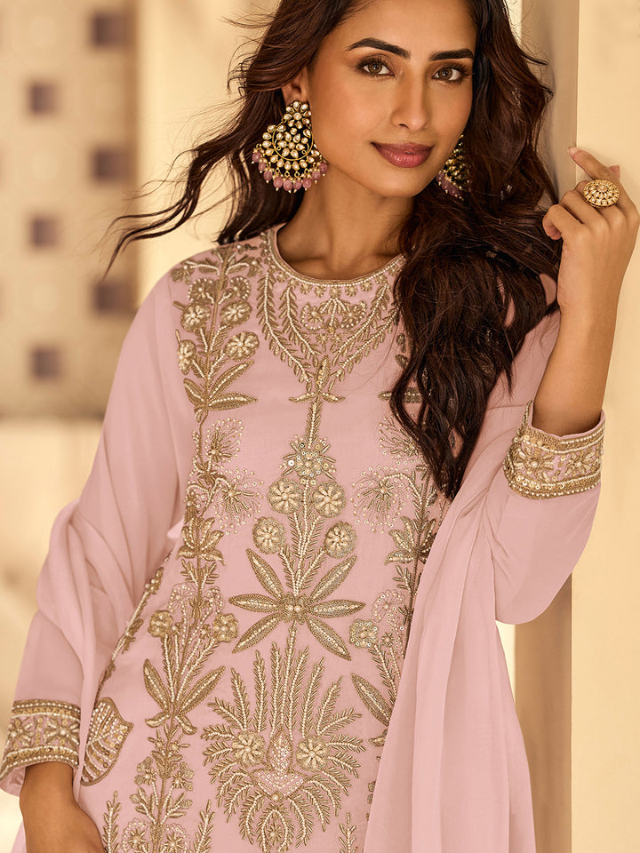 Lilac Georgette Embroidered Kurta Pant With Dupatta