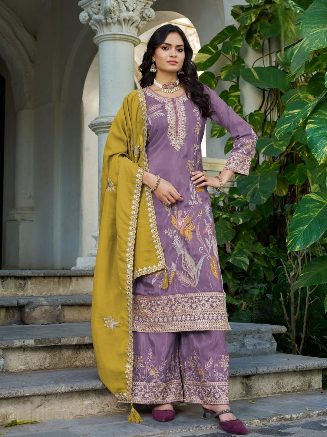 Lavender Embroidered Crepe Kurta Palazzo with Dupatta