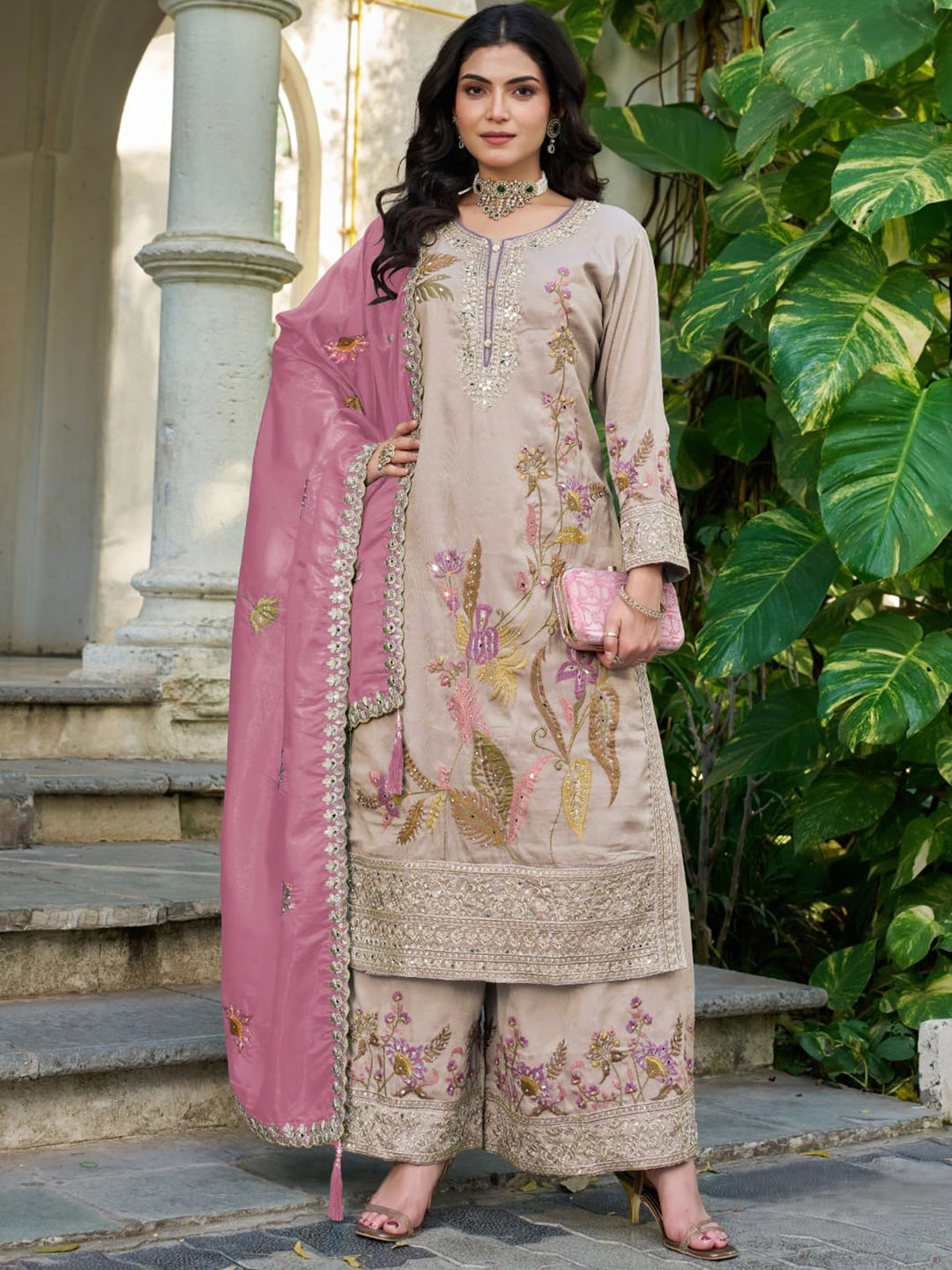 Grey Embroidered Crepe Kurta Palazzo with Dupatta