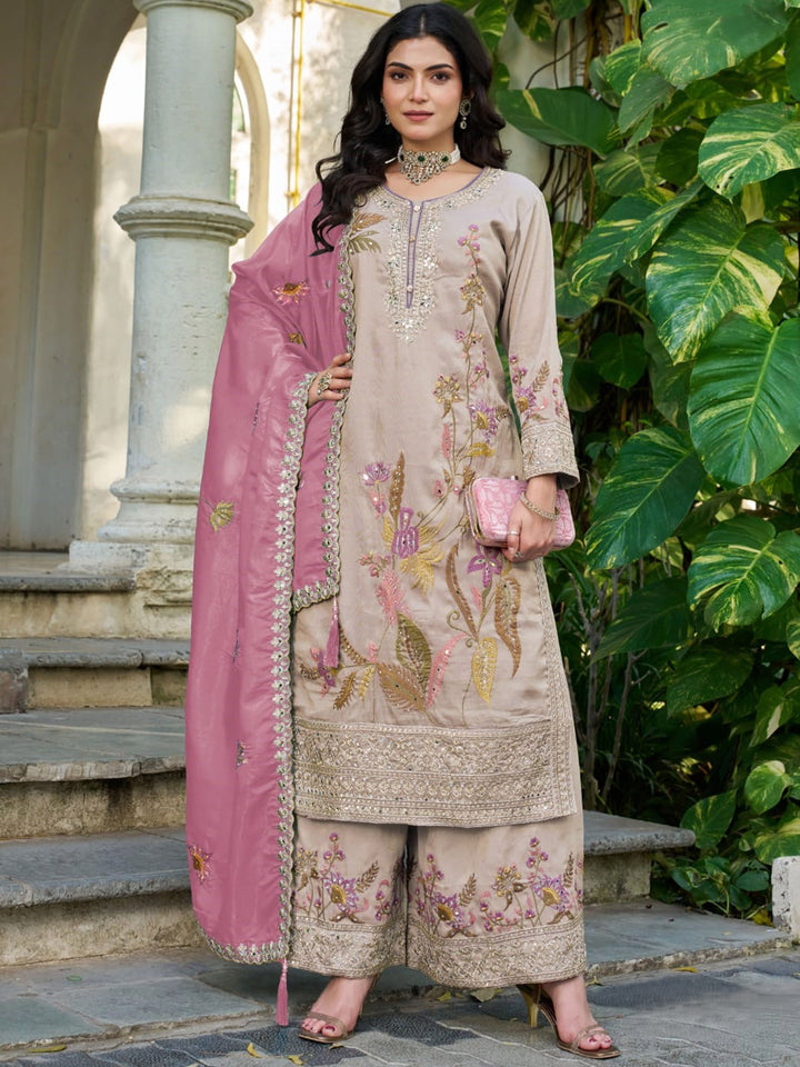 Grey Embroidered Crepe Kurta Palazzo with Dupatta