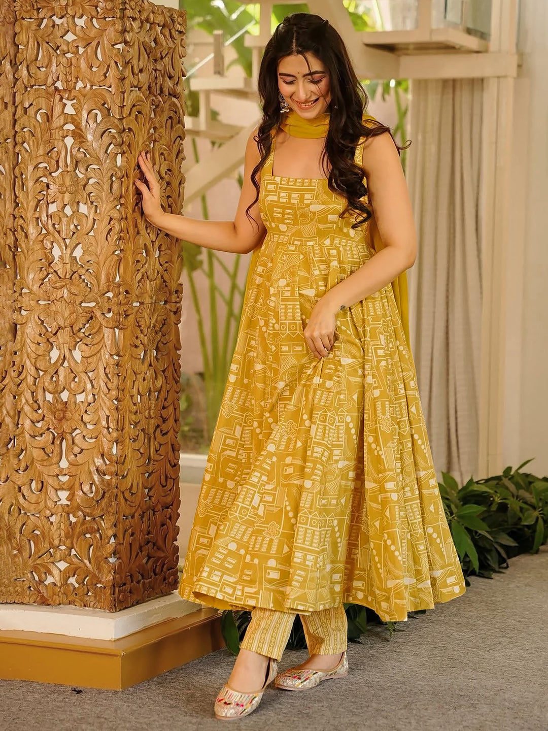 Yellow Embroidered Muslin Kurta Palazzo with Dupatta
