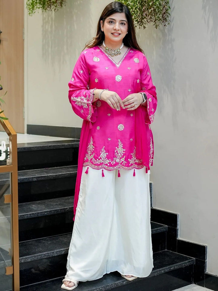 Rani Embroidered Art Silk Kurta Palazzo with Dupatta