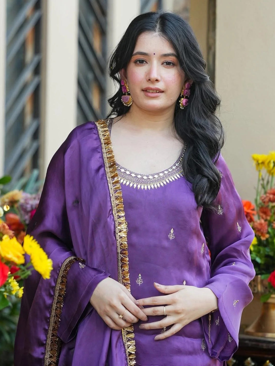 Purple Embroidered Art Silk Kurta Palazzo with Dupatta