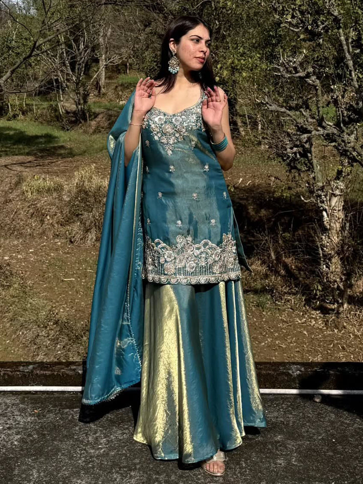 Peacock Blue Embroidered Satin Kurta Palazzo with Dupatta